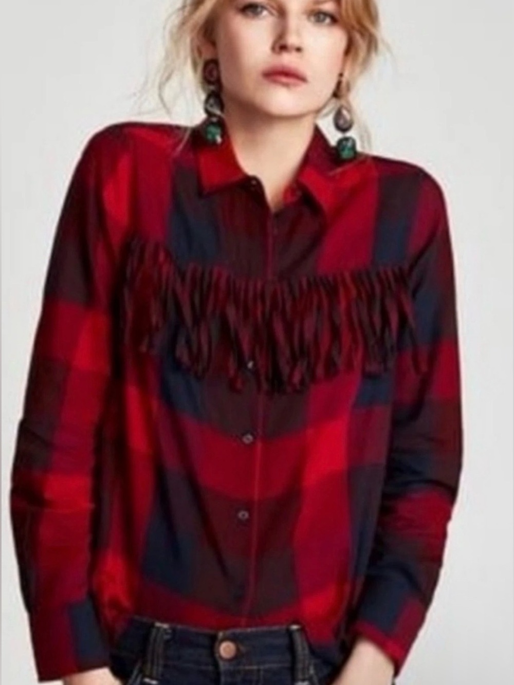Zara Basic Red and Blue Plaid Fringe Button-Down Shirt.